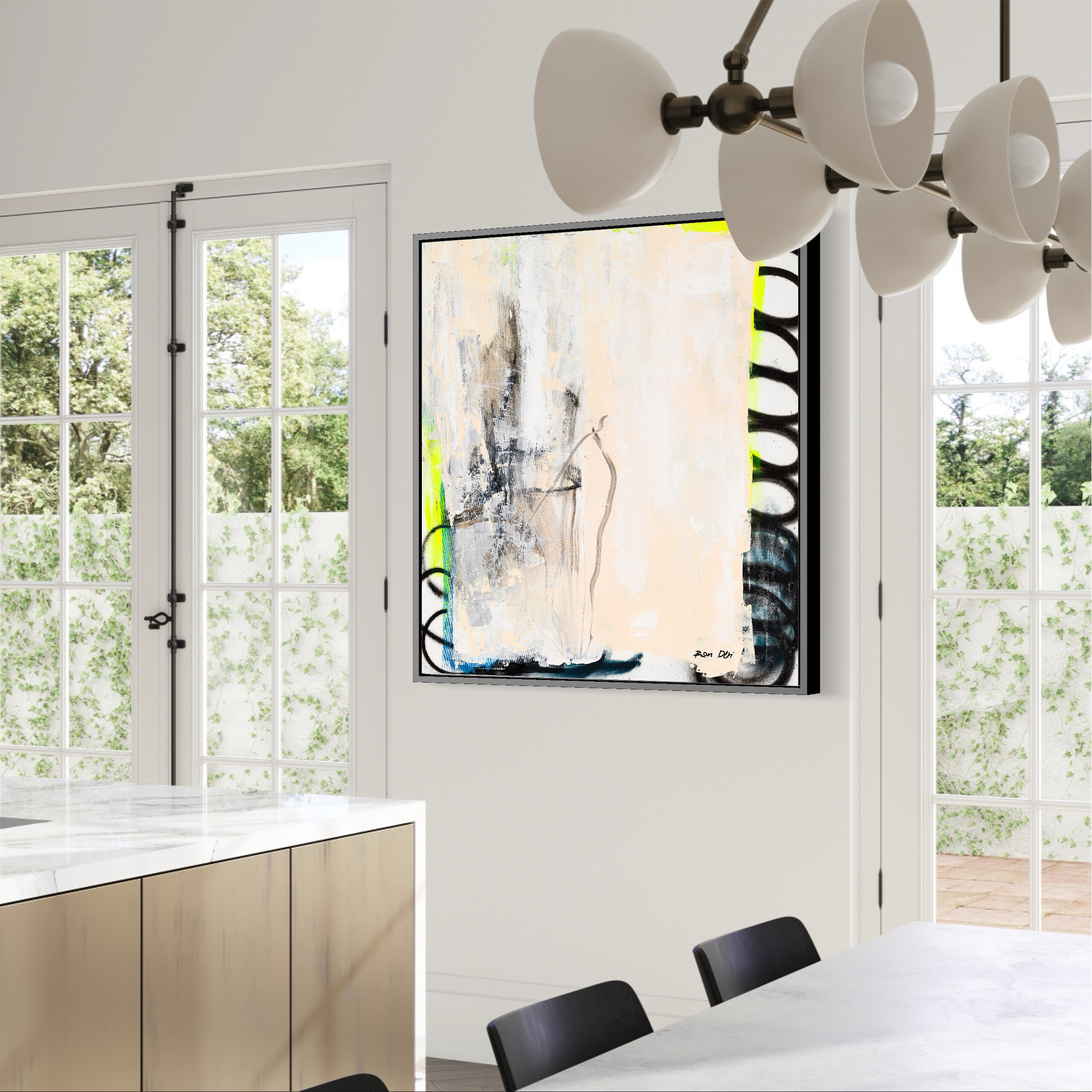 Framed abstract art on a modern kitchen wall