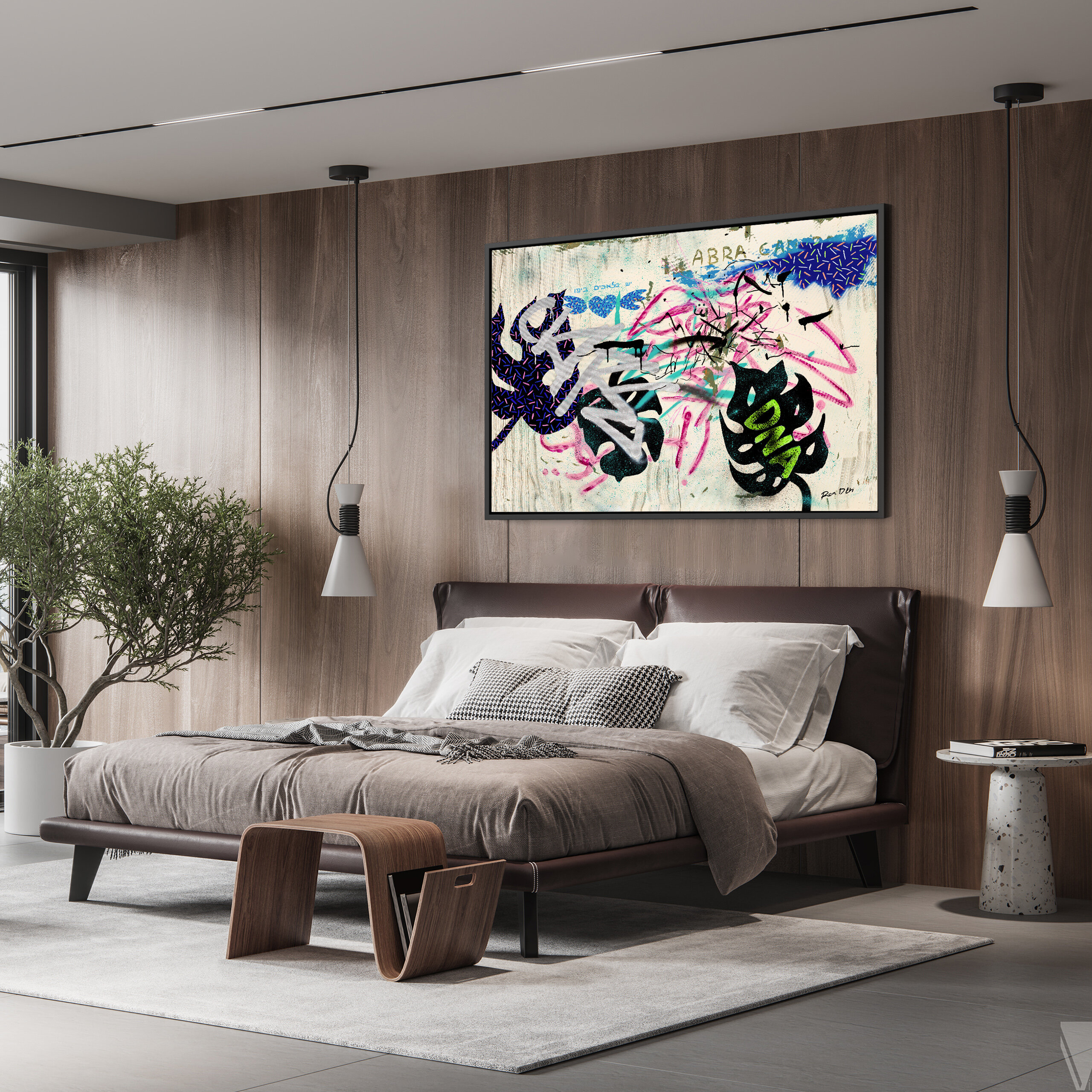 Abstract street art of autumn leaves on a bedroom wall
