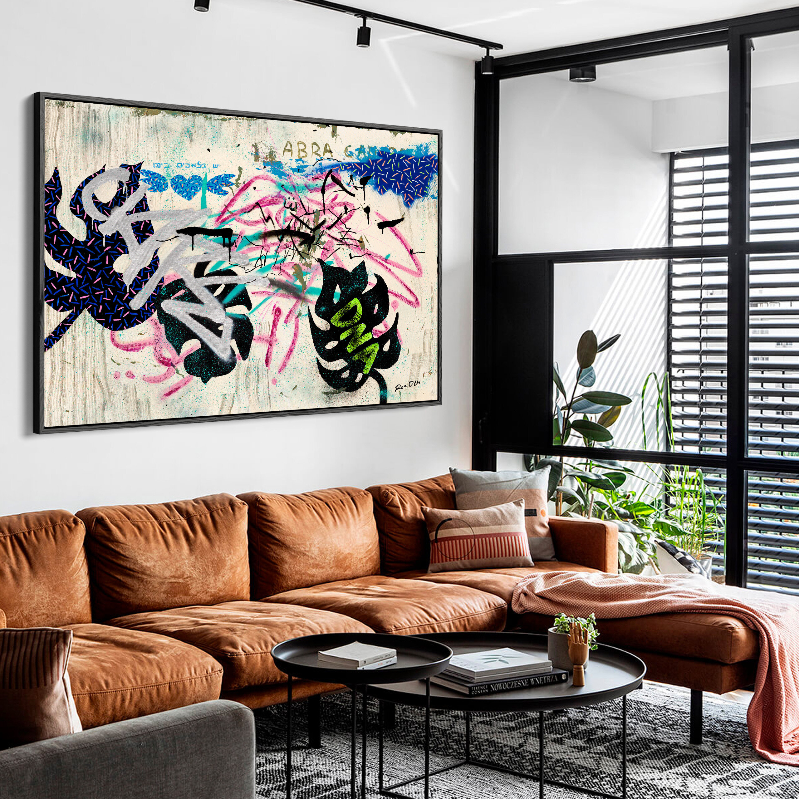 Abstract street art of autumn leaves on a living room wall