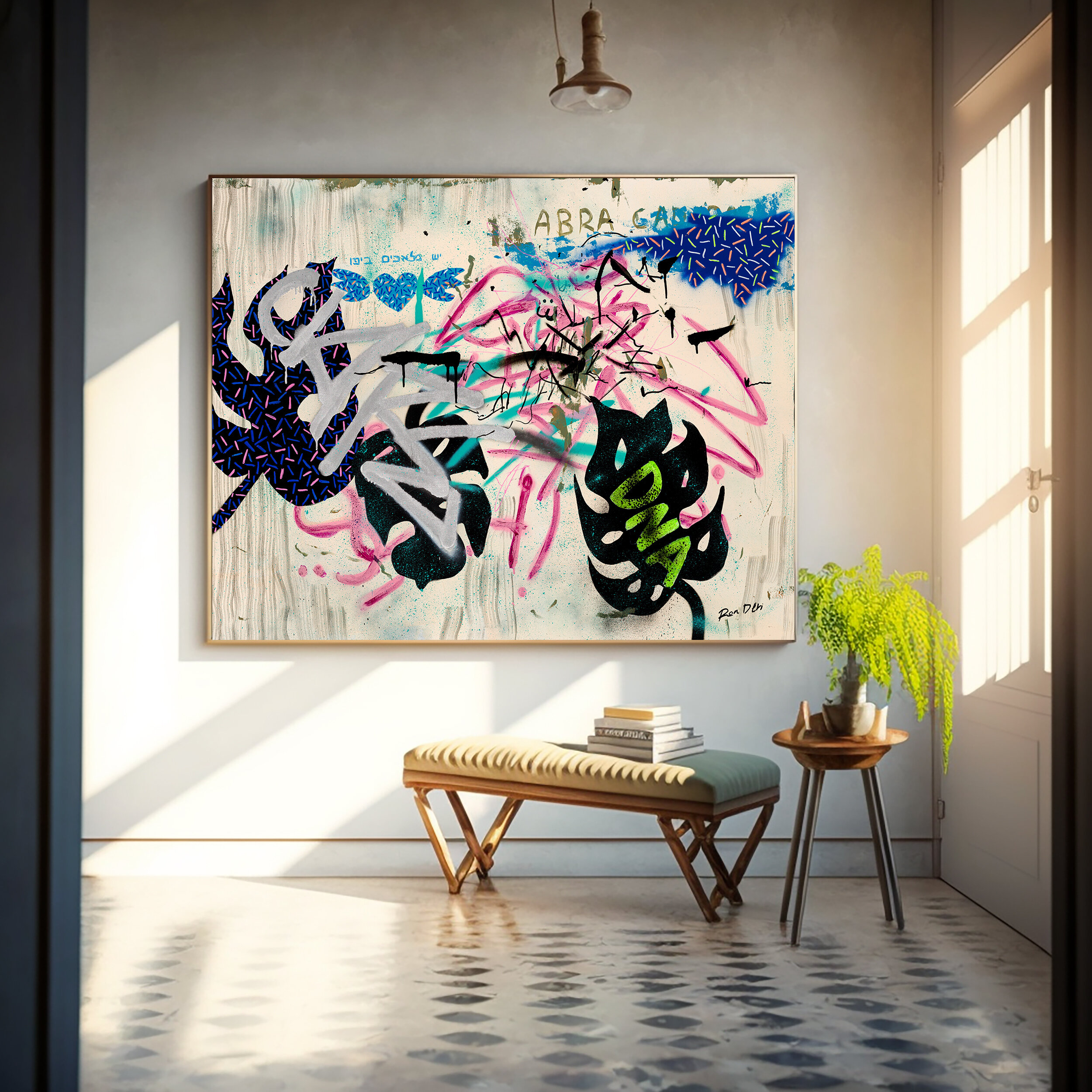 Abstract street art of autumn leaves on a living space wall